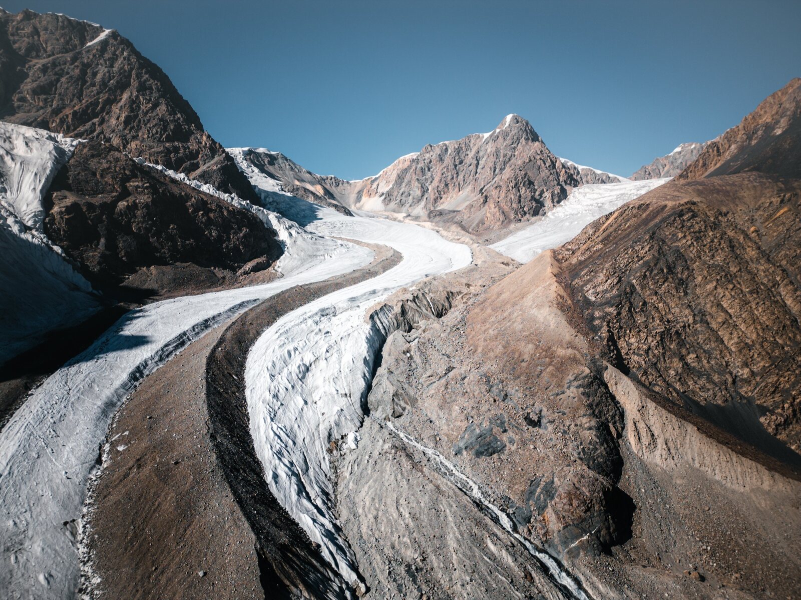 Aerial view of the three Terekty glaciers during the 2025 expedition.